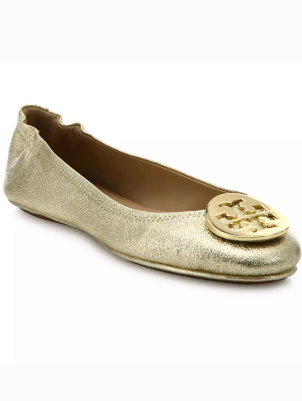 Tory Burch Logo Spark Gold Leather Minnie Travel Ballet Flats Size 5.5M